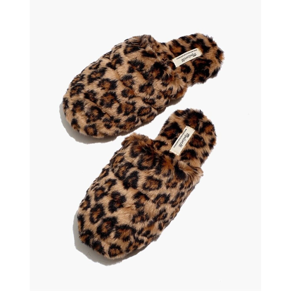 NWB Madewell Slippers Womens 7 Quilted Scuff Slippers Leopard Recycled Faux Fur